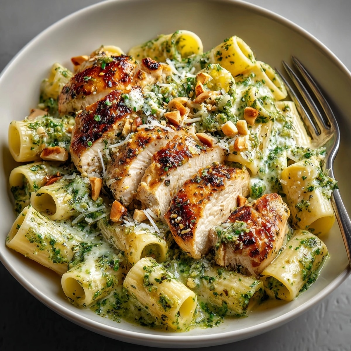 Creamy pesto chicken pasta skillet: golden chicken and vibrant green pesto sauce swirls.