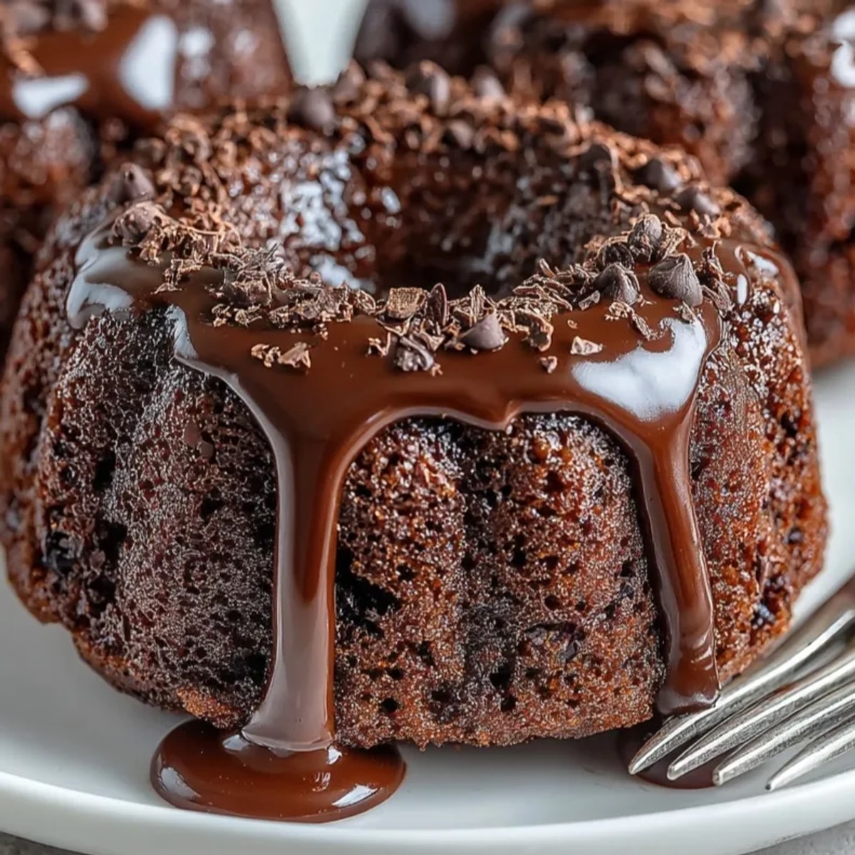 Warm, fudgy double chocolate chip mini bundt cakes fresh from the oven.