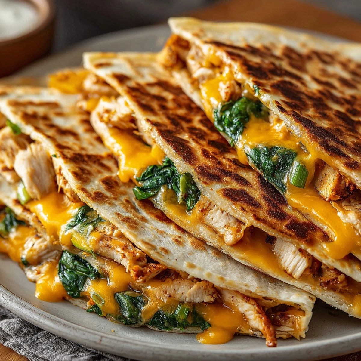 Warm, comforting Speedy Turkey & Spinach Quesadillas, oozing with cheese and savory turkey filling.