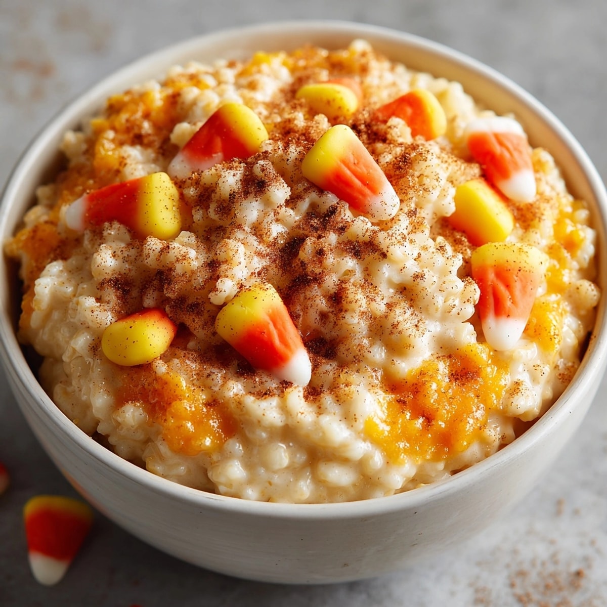Creamy Pumpkin Spice Rice Pudding studded with candy corn, warm from the stovetop.