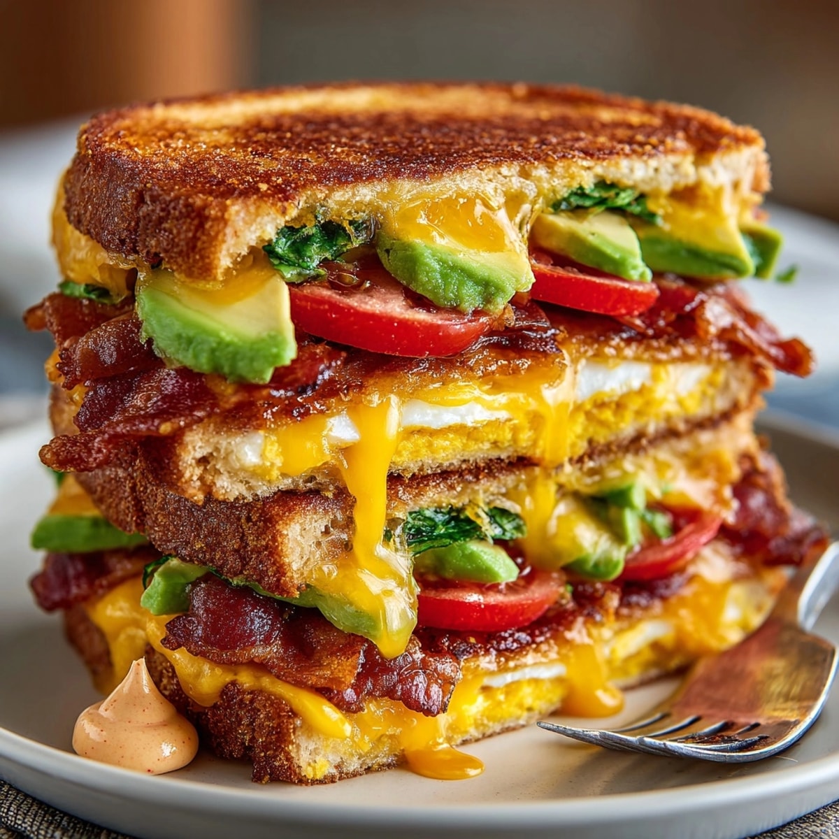 Golden TikTok Breakfast Sandwich sizzling in a pan, cheese melting, ready to fold.