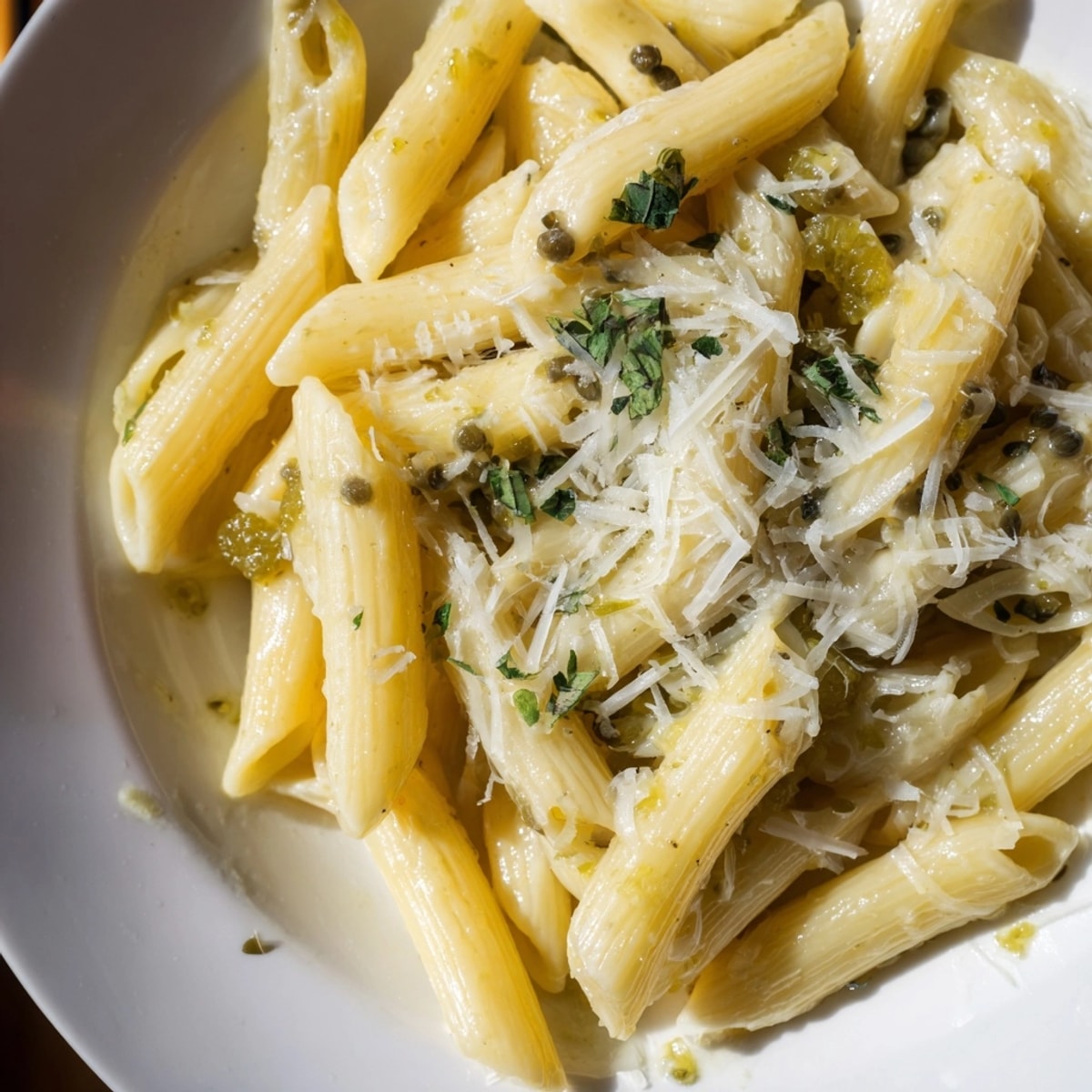 Lemon Basil Pickle Pasta: Close-up reveals a vibrant dish, steam rising from twirled pasta.