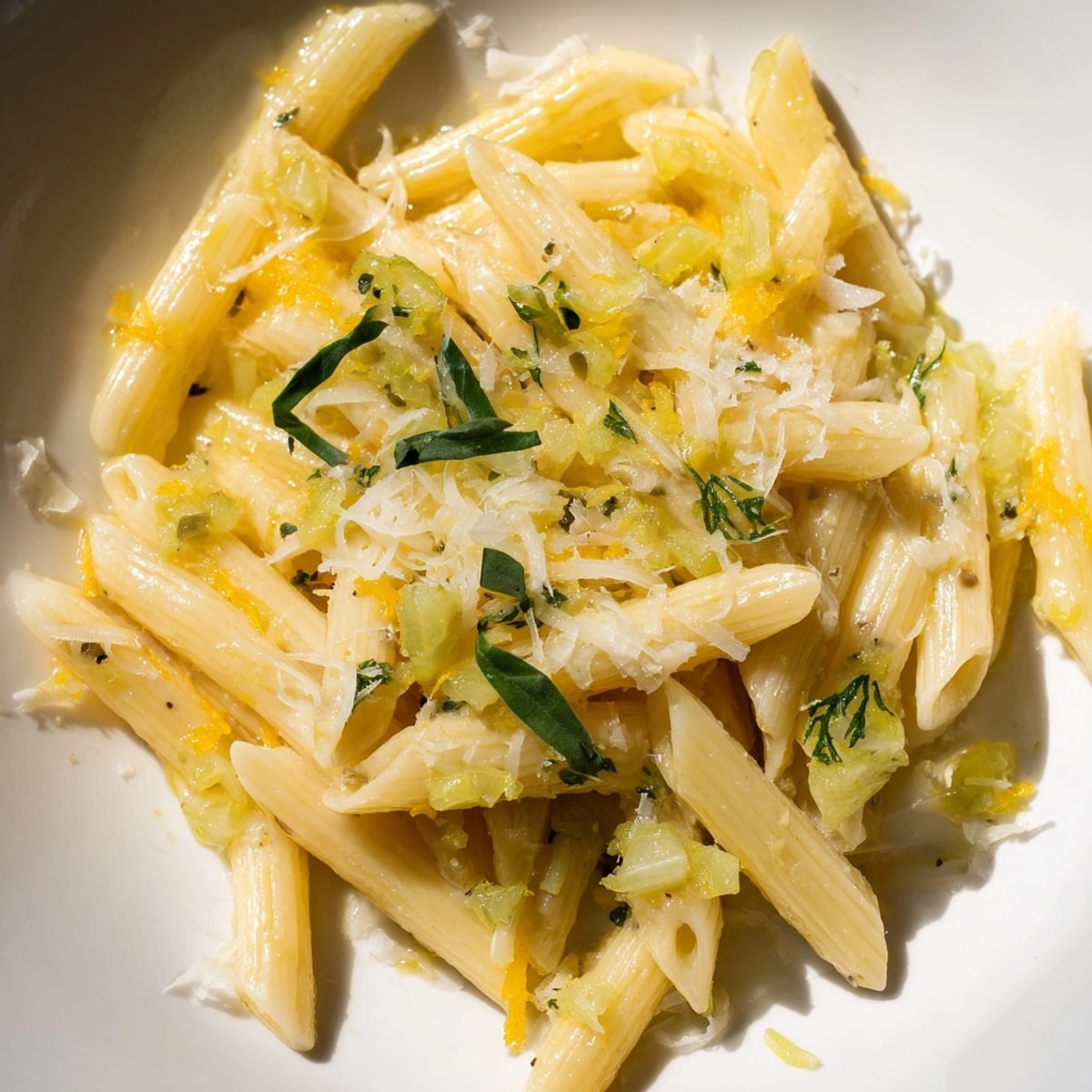 Tangy Lemon Basil Pickle Pasta, plated beautifully with fresh basil garnish and parmesan.