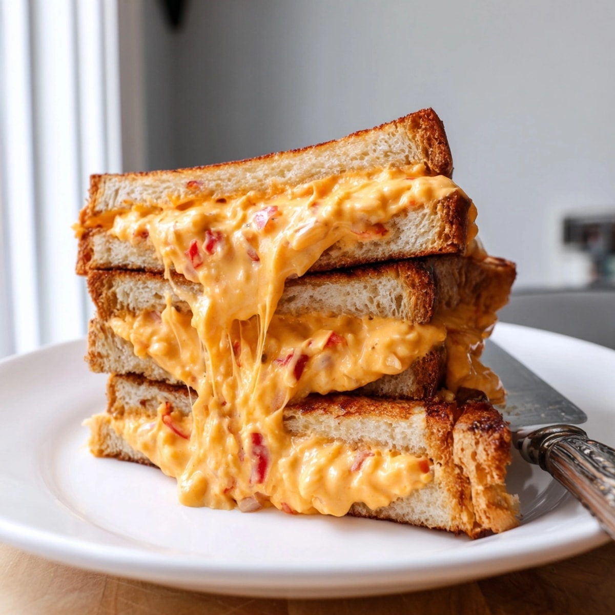 Golden Pimento Cheese-Stuffed Grilled Cheese, melted cheese oozing from between toasted bread slices.