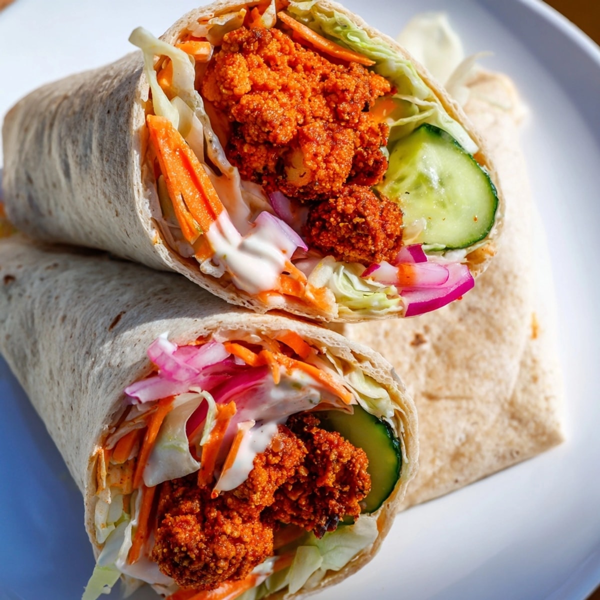 Close-up of a vibrant Vegan Buffalo Cauliflower Wrap, overflowing with colorful fillings.