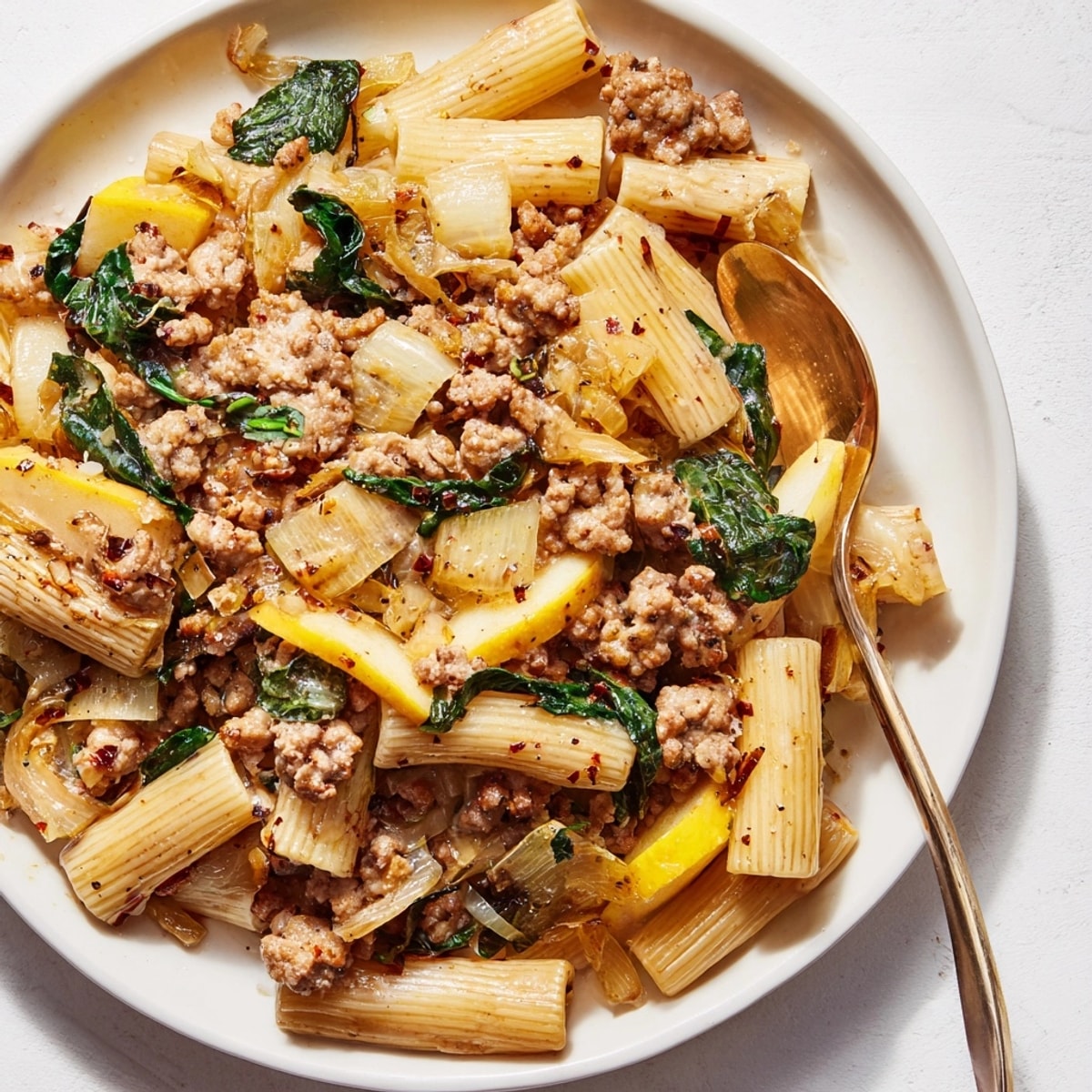 Golden brown Roasted Apple and Sausage Pasta Skillet, bubbly cheese inviting a perfect forkful.