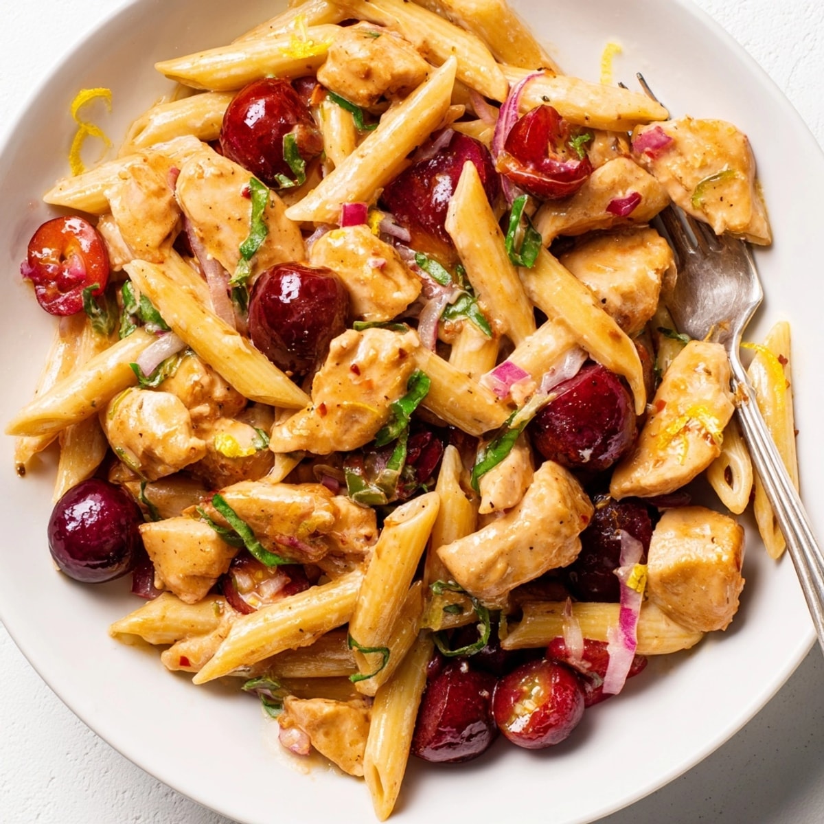 Close-up of Cherry Jalapeño Chicken Pasta, glistening with cream and topped with basil.