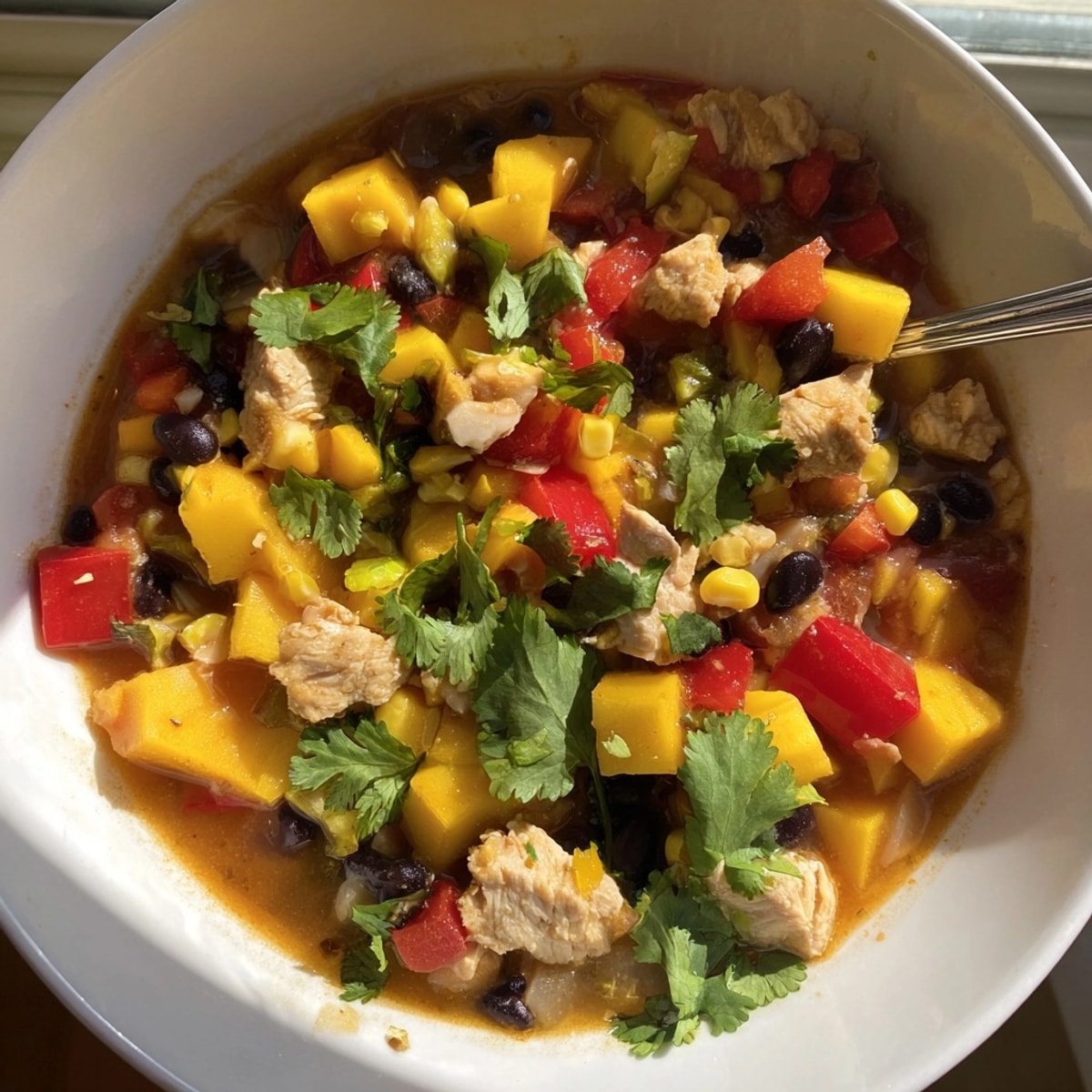 Bowl of brightly colored Mango Southwest Chicken Chili, fragrant and ready to enjoy.