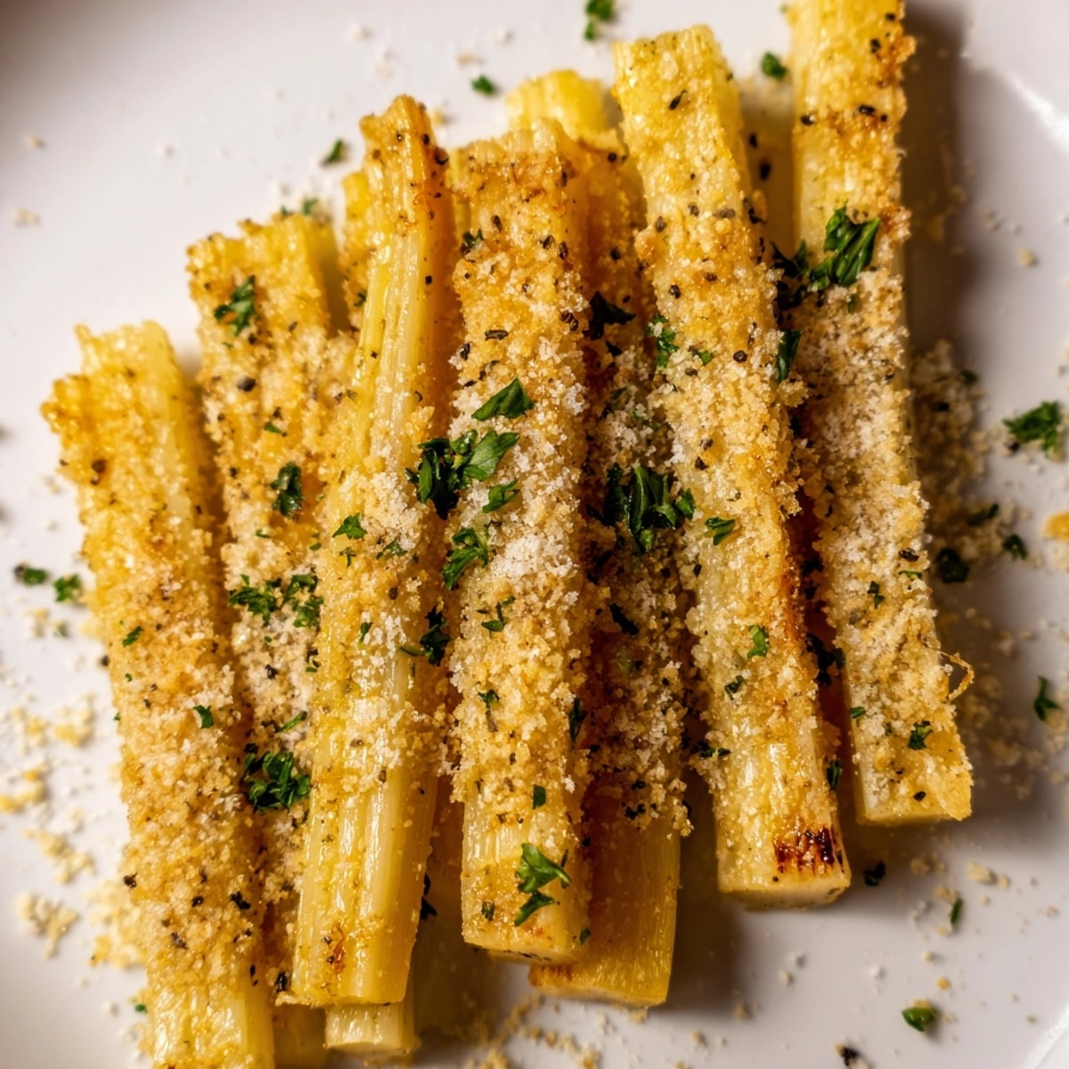 Golden-baked Garlic Parmesan Celery Sticks, a savory snack with crisp, cheesy flavor.