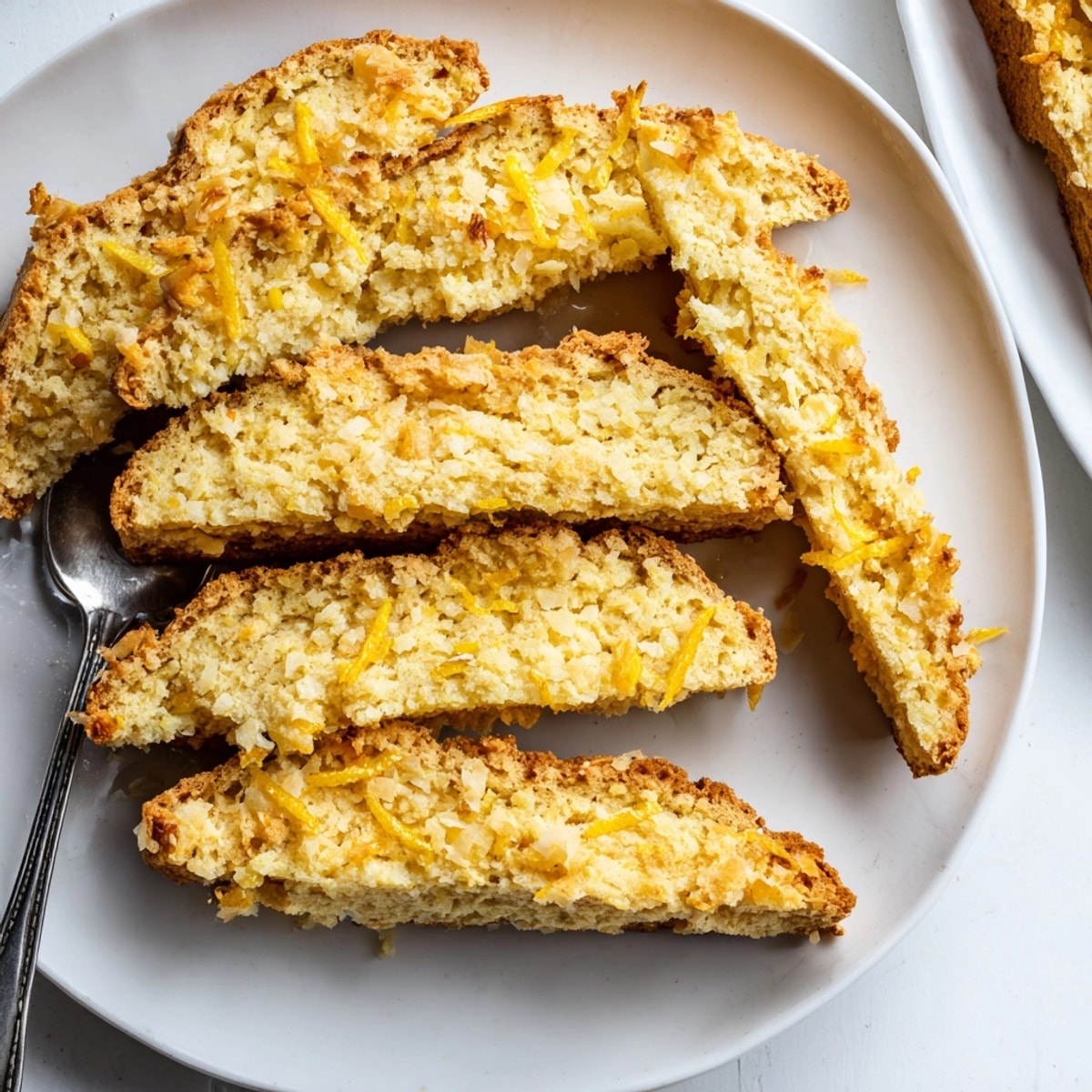 Golden brown Ricotta Lemon Coconut Biscotti, twice-baked Italian cookies cooling on parchment paper.