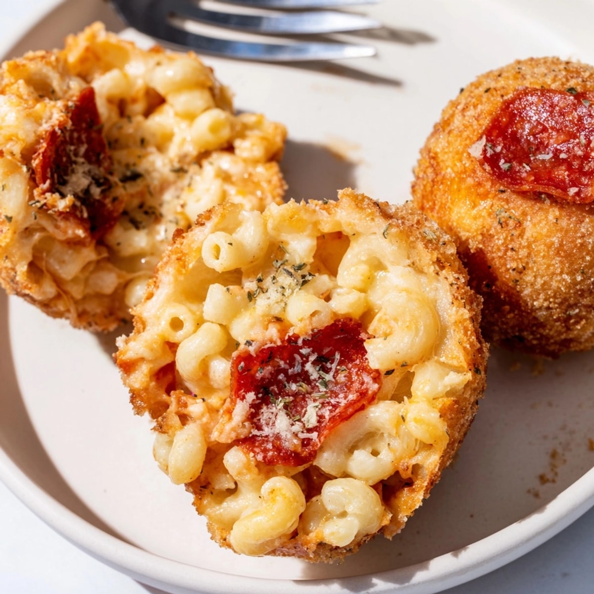 Close-up of golden Cheesy Pepperoni Mac Bombs, bubbling with warm cheese, fresh from the oven.