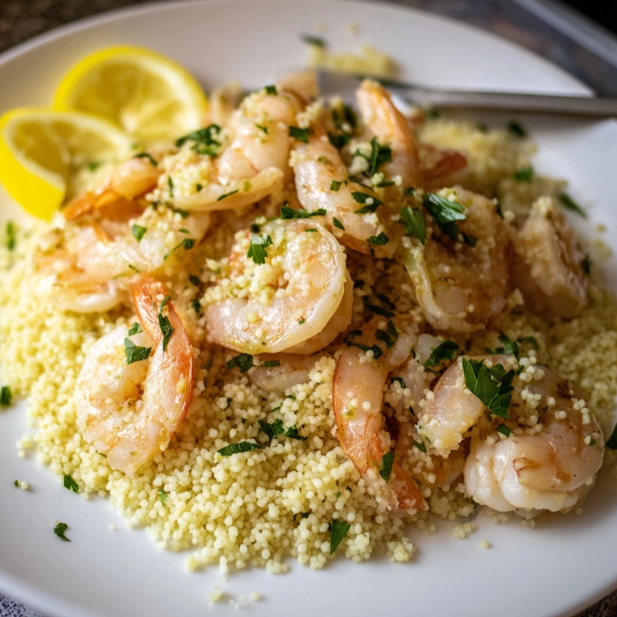 A close-up of creamy Shrimp Parmesan Couscous topped with fresh parsley and lemon.
