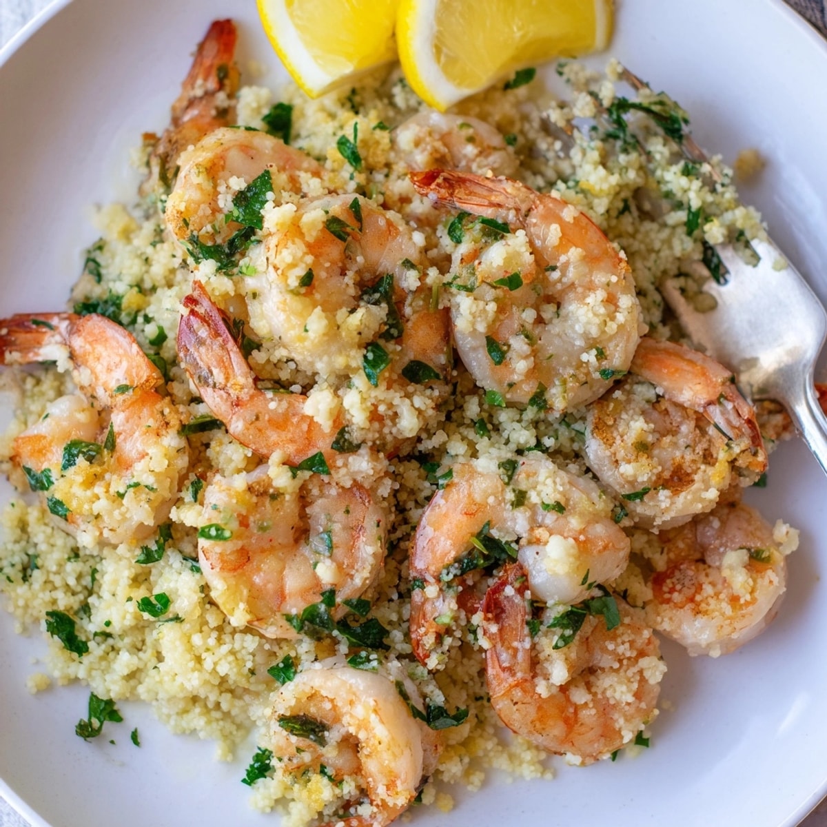 Delicious Shrimp Parmesan Couscous, a warm, comforting meal ready to serve.