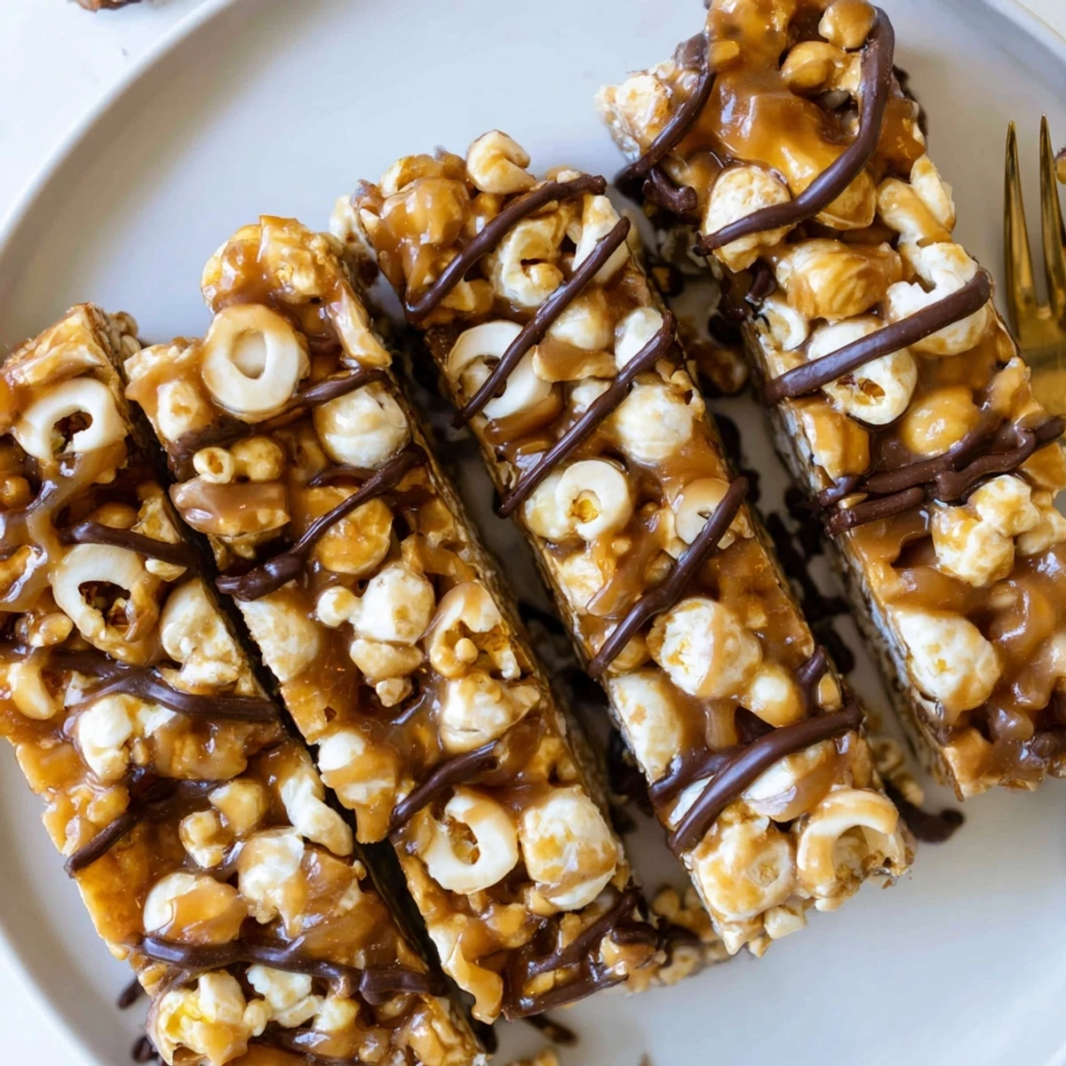 Chewy caramel apple popcorn bars topped with melted chocolate, a delightful fall treat.  