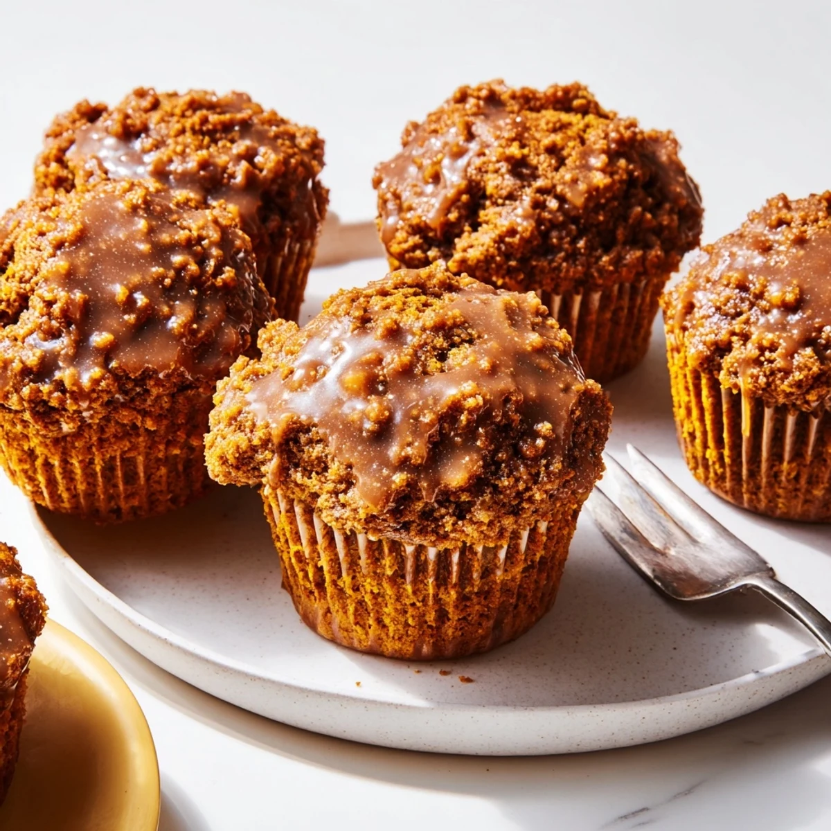 Soft pumpkin muffins with spiced aromas, topped with smoked maple glaze, ready to enjoy.