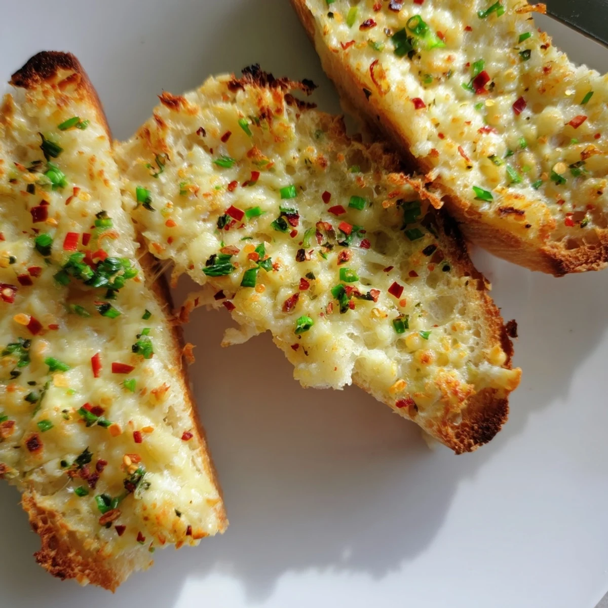 Fluffy baguette slices smothered in garlic butter and spicy cheese topping.