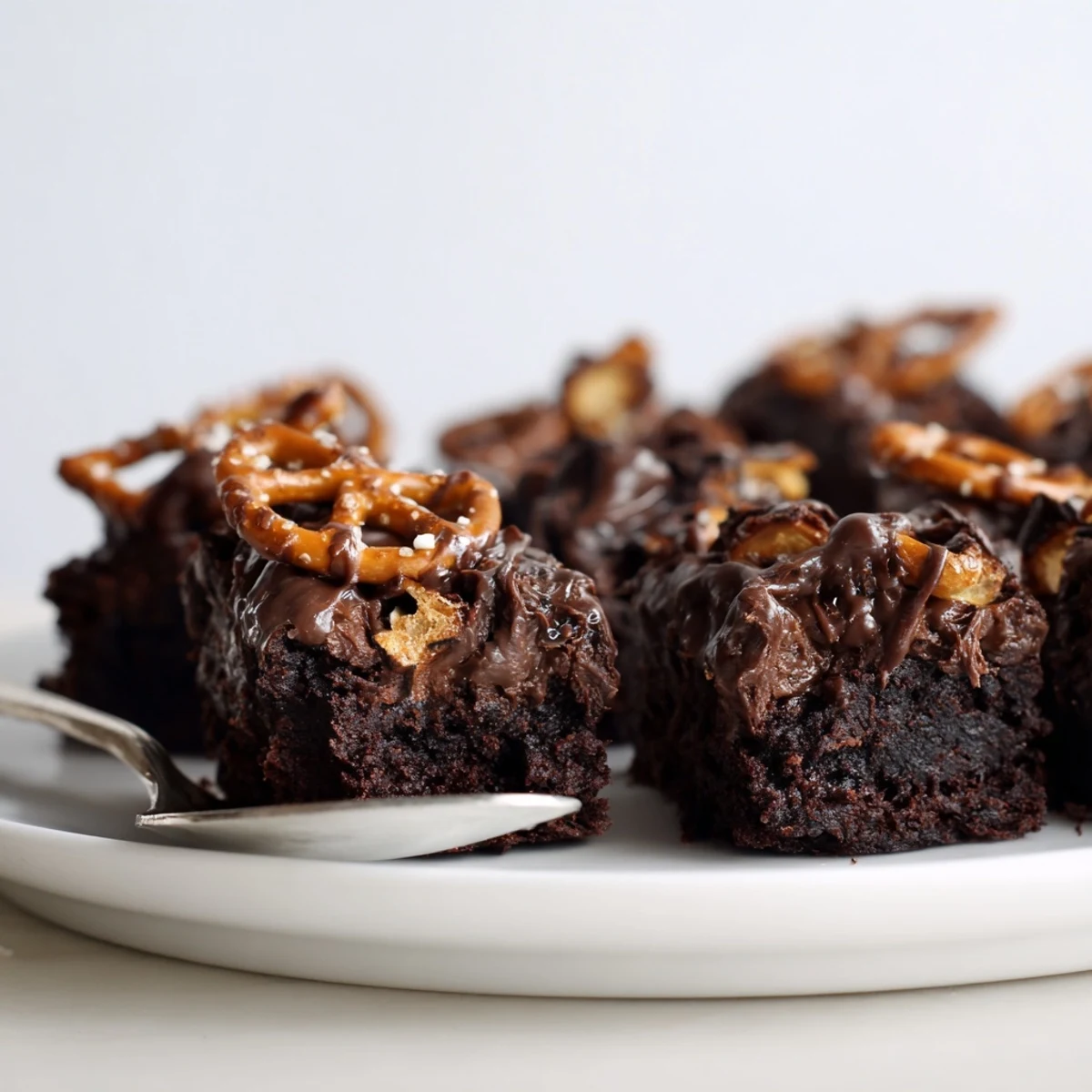 Fudgy Nutella Pretzel Brownie Bites topped with crunchy pretzels for a delightful treat.  