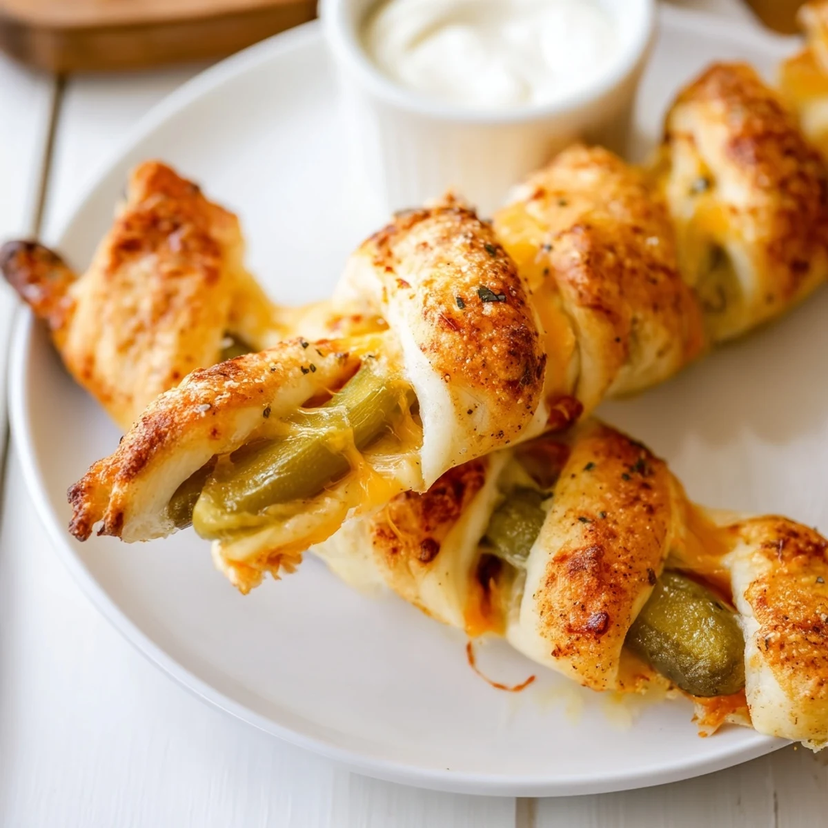 Delicious Cajun Pickle Pizza Sticks, golden brown, served with creamy ranch dressing.  