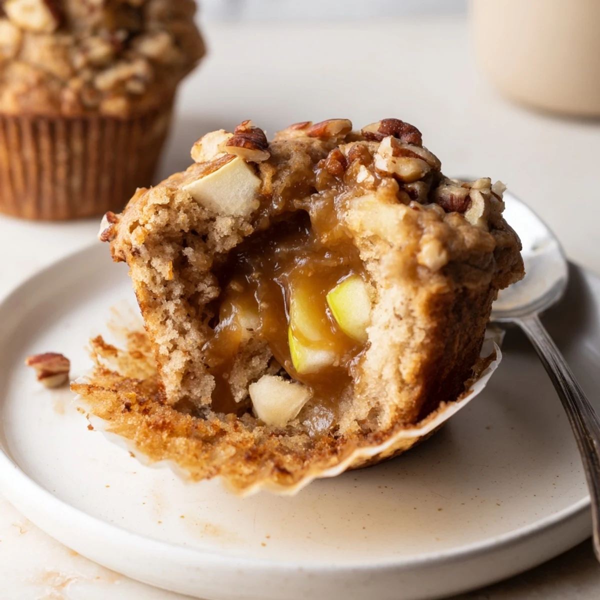 Warm caramel apple pecan muffins fresh from the oven, ideal for cozy snacking.
