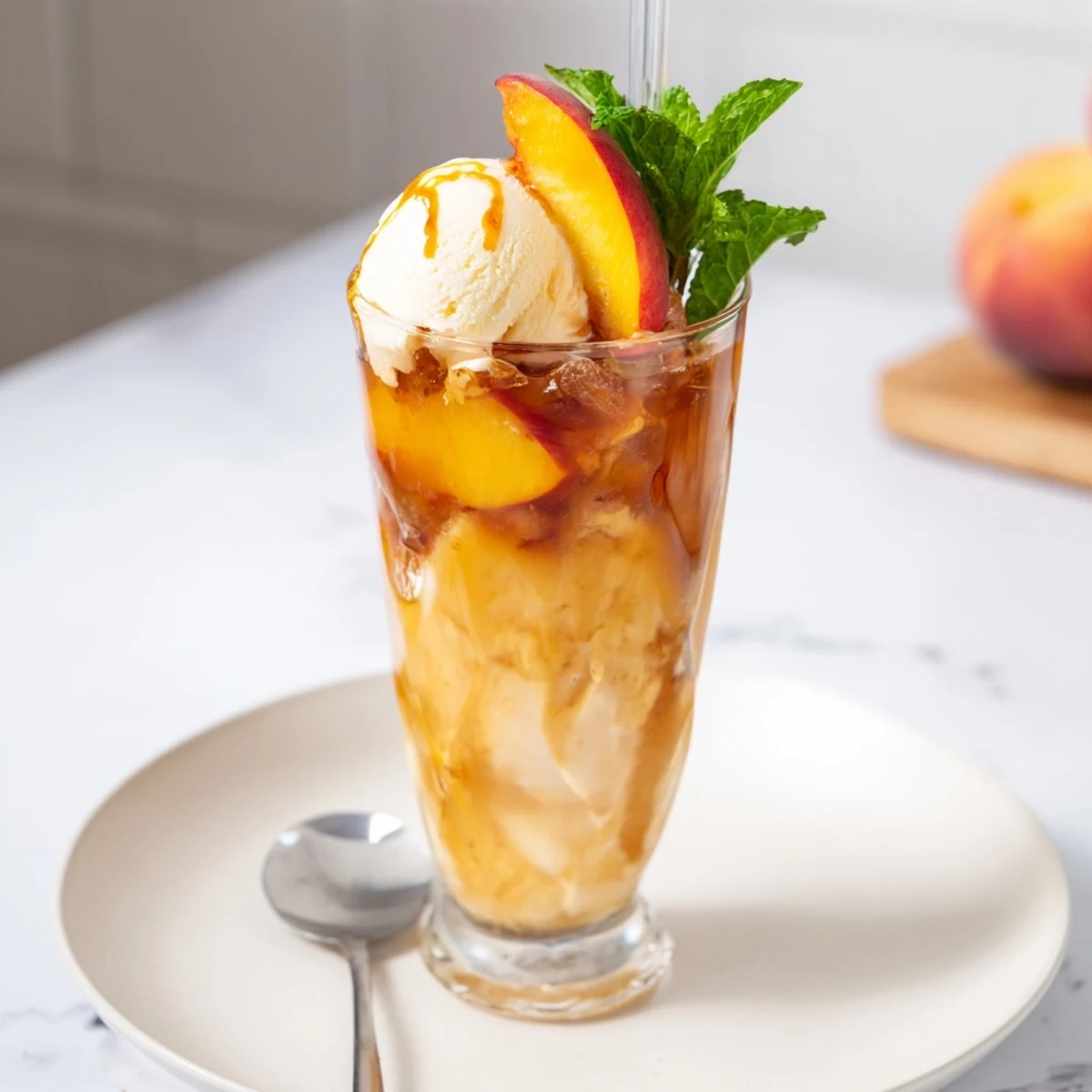 Chilled Sweet Tea Peach Rebel Float topped with ice cream and peach slices.  