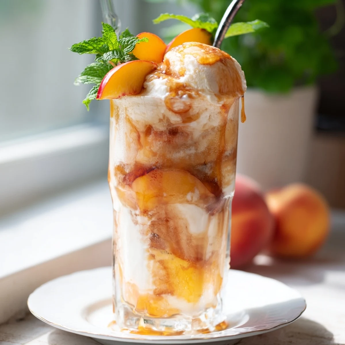 Refreshing Sweet Tea Peach Rebel Float topped with creamy vanilla ice cream and peach slices.  