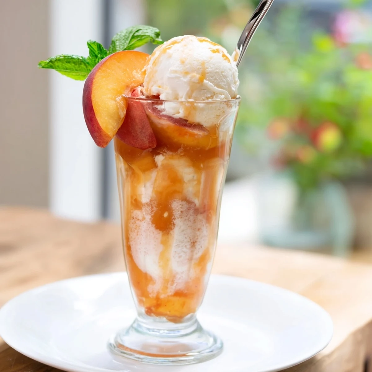 Vibrant Sweet Tea Peach Rebel Float, creamy ice cream, juicy peaches, and mint garnish.  