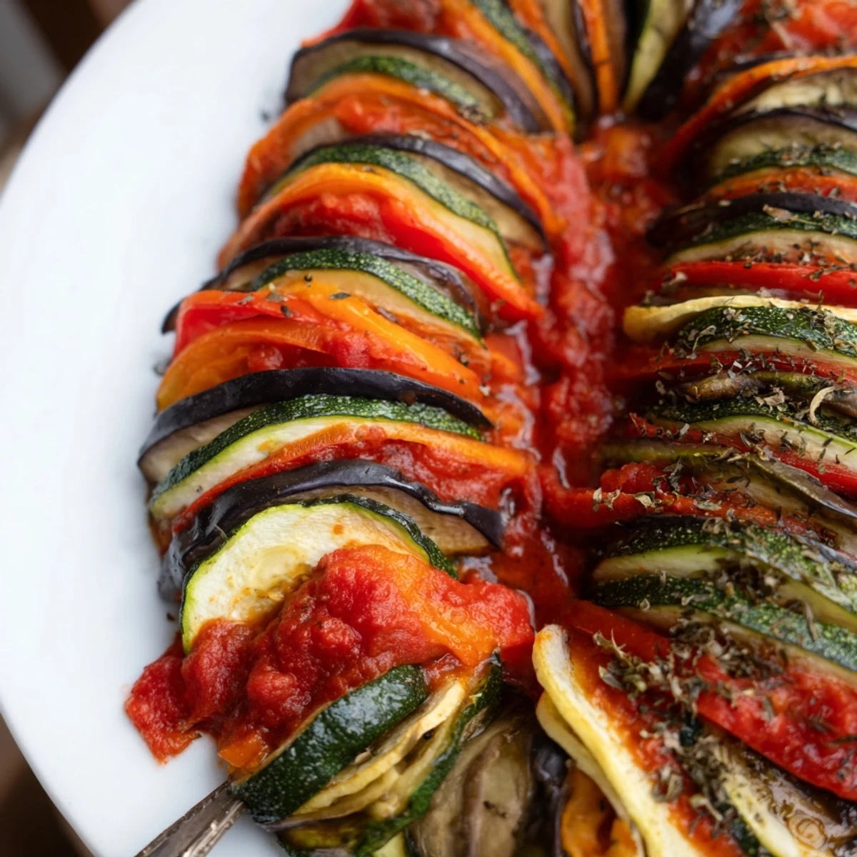 Aromatic One-Pan Ratatouille, oven-baked to perfection with layers of colorful veggies.  