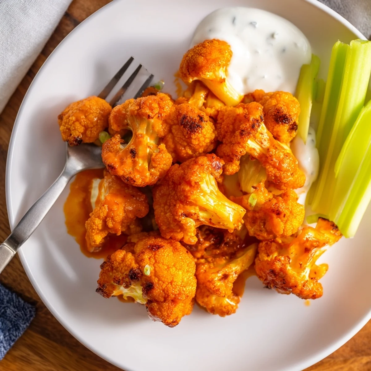 Spicy Cauliflower Buffalo Wings served with fresh celery sticks and cooling ranch dip.  