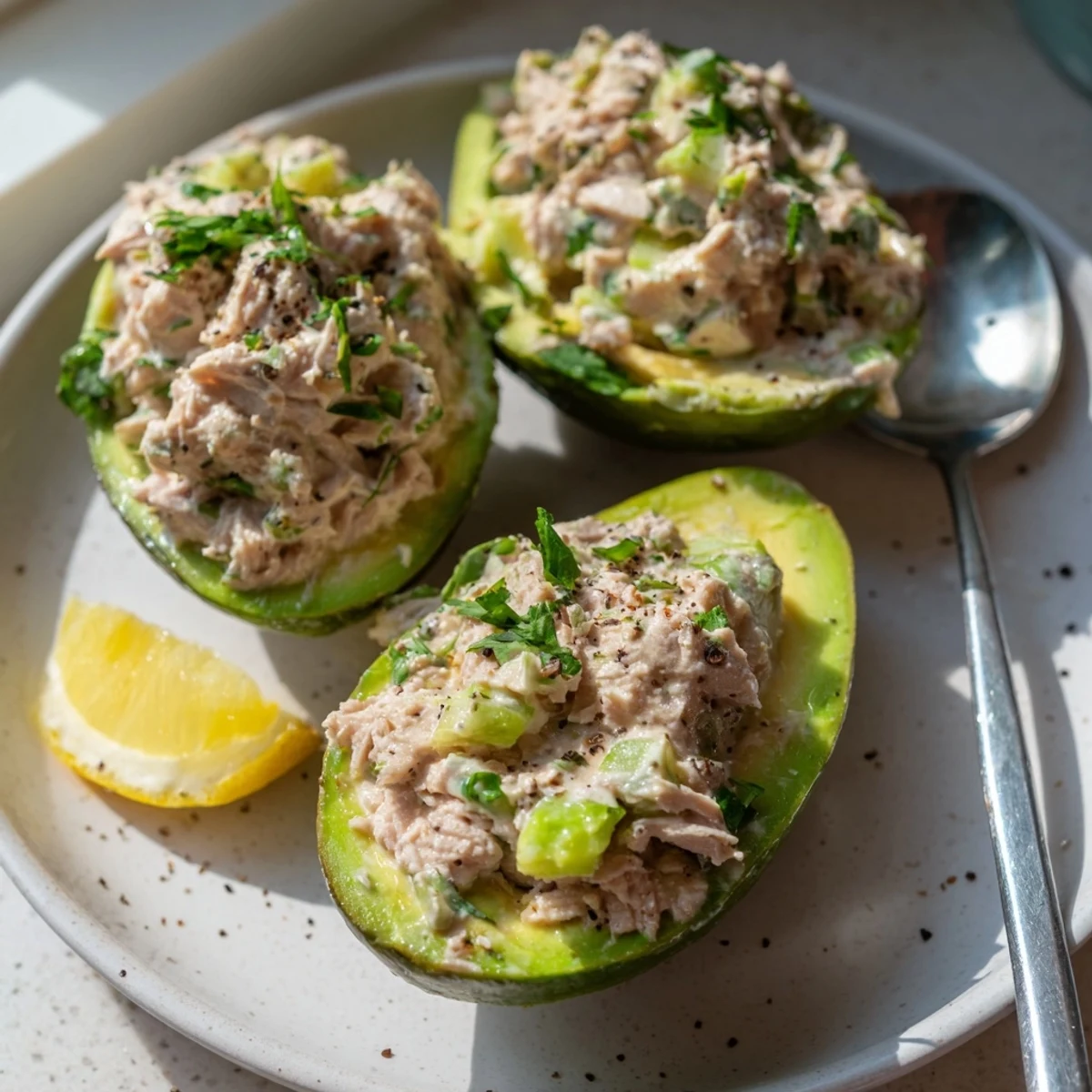 Creamy Tuna Salad Stuffed Avocado garnished with fresh herbs and lemon zest.  