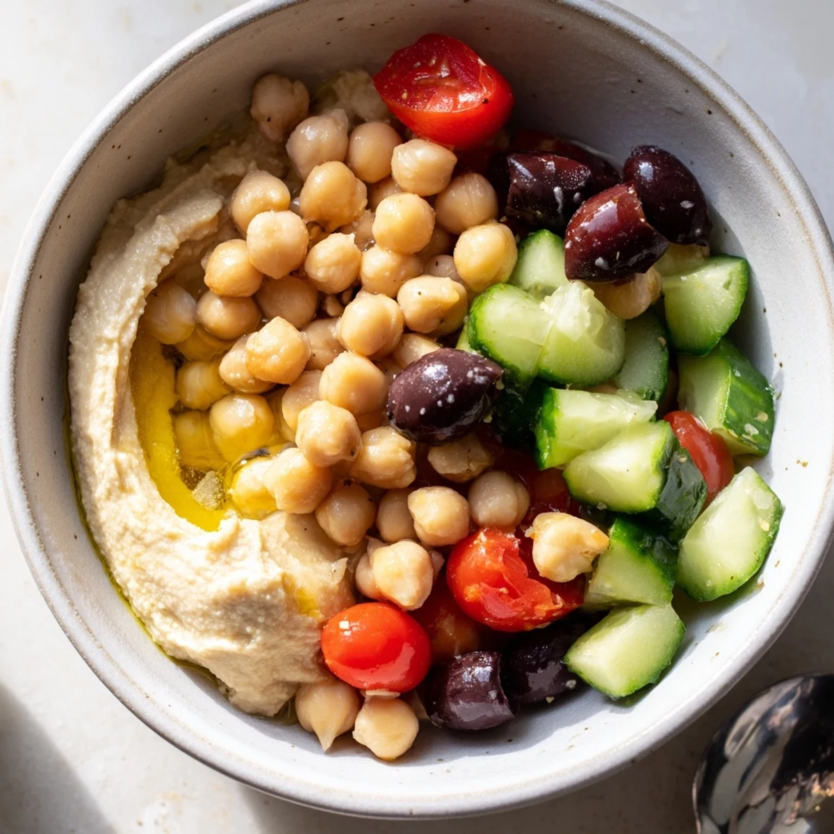 Vegan Mediterranean Chickpea Bowl featuring crunchy cucumbers and hearty olives drizzled with oil.  