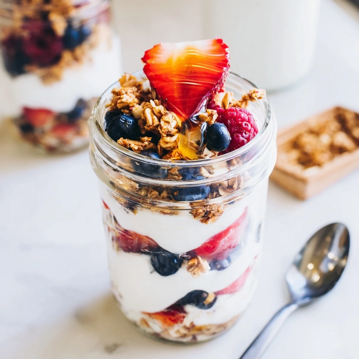 Creamy Greek yogurt fruit parfait layered with crunchy granola and fresh berries.  