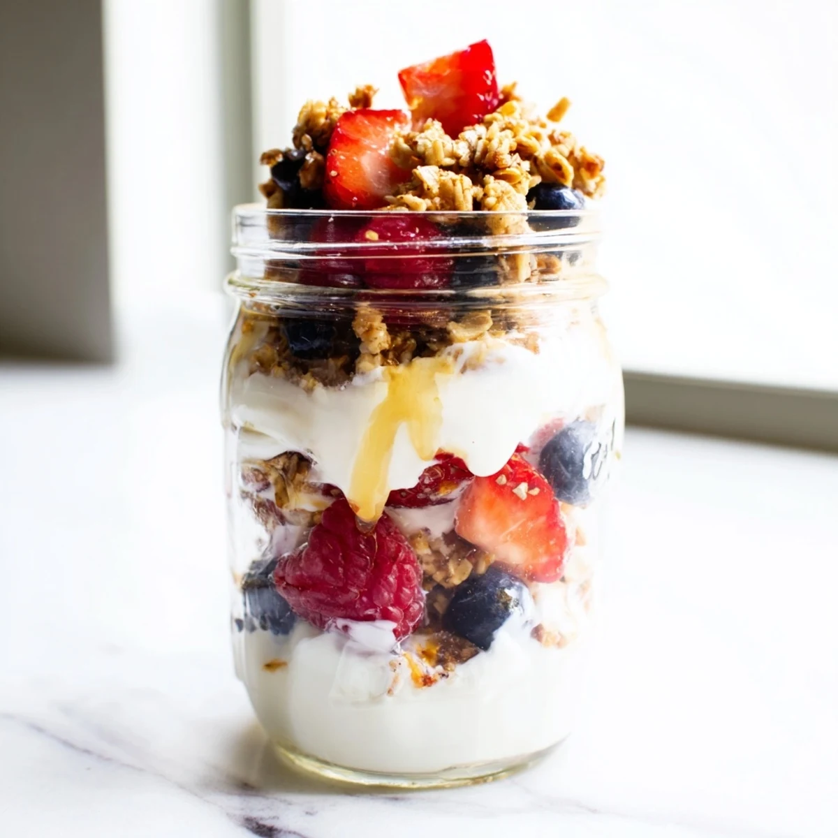 Delicious Greek yogurt fruit parfait topped with honey, perfect for breakfast or dessert.  