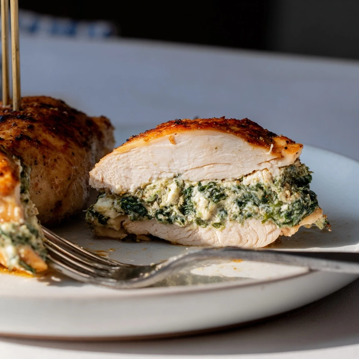 Juicy spinach and feta stuffed chicken breasts garnished with vibrant herbs and spices.  