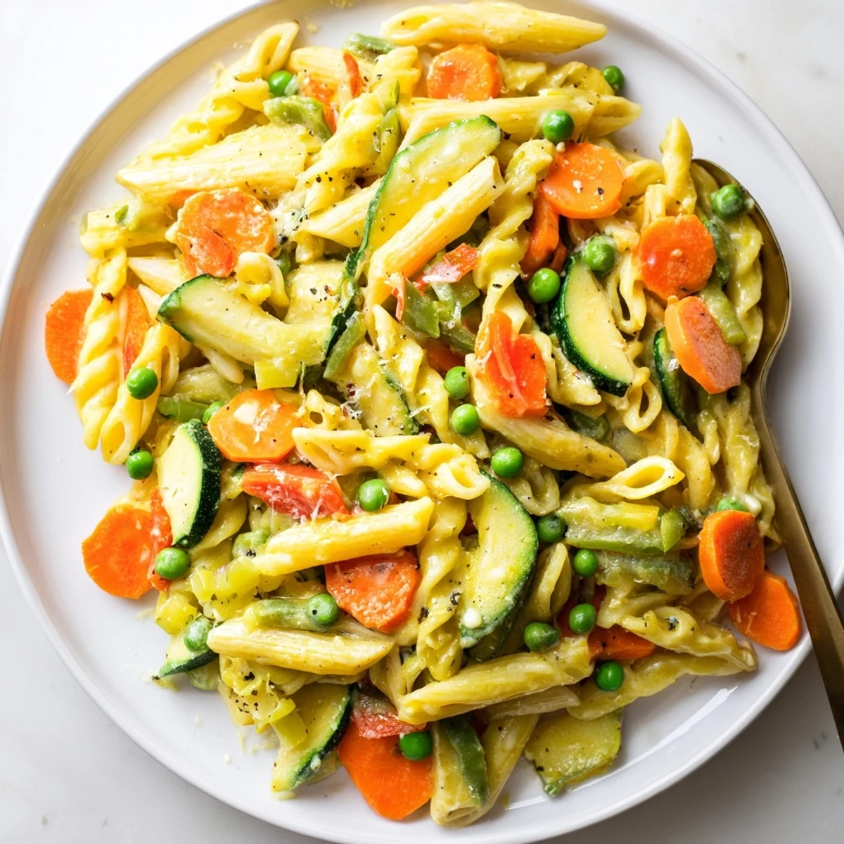 A colorful One-Pot Pasta Primavera with fresh vegetables and creamy sauce.  