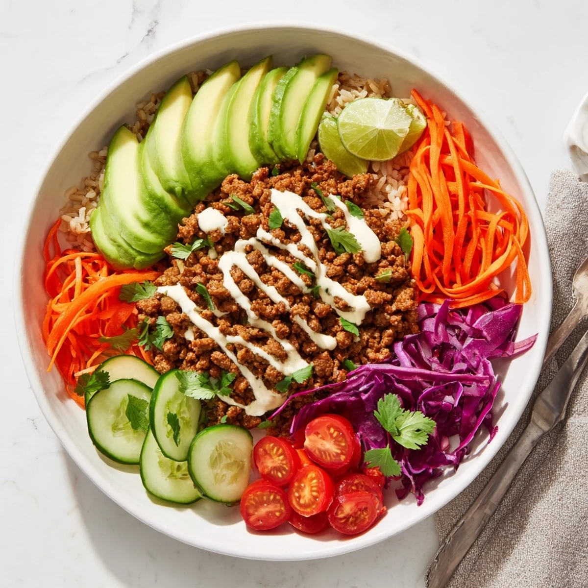A colorful plant-based meat bowl loaded with fresh vegetables and vibrant toppings.  