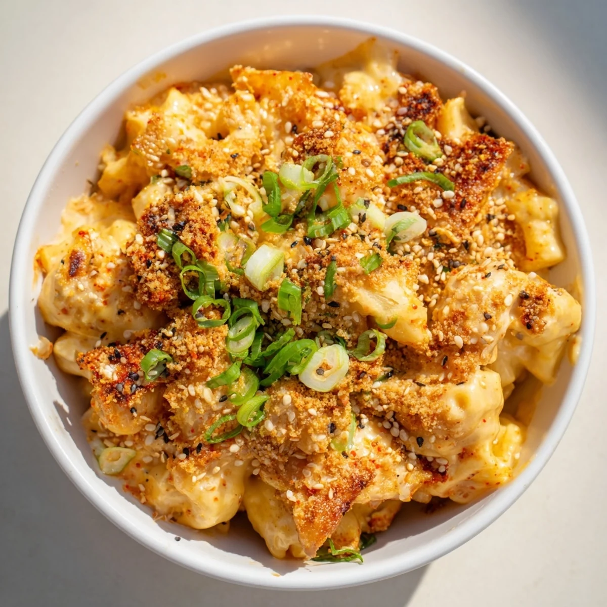 Creamy Spicy Kimchi Mac & Cheese topped with crunchy sesame for comfort food bliss.  