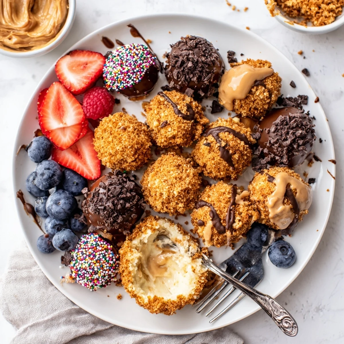 Delightful deconstructed dessert board showcasing creamy cheesecake bites and fresh toppings.  