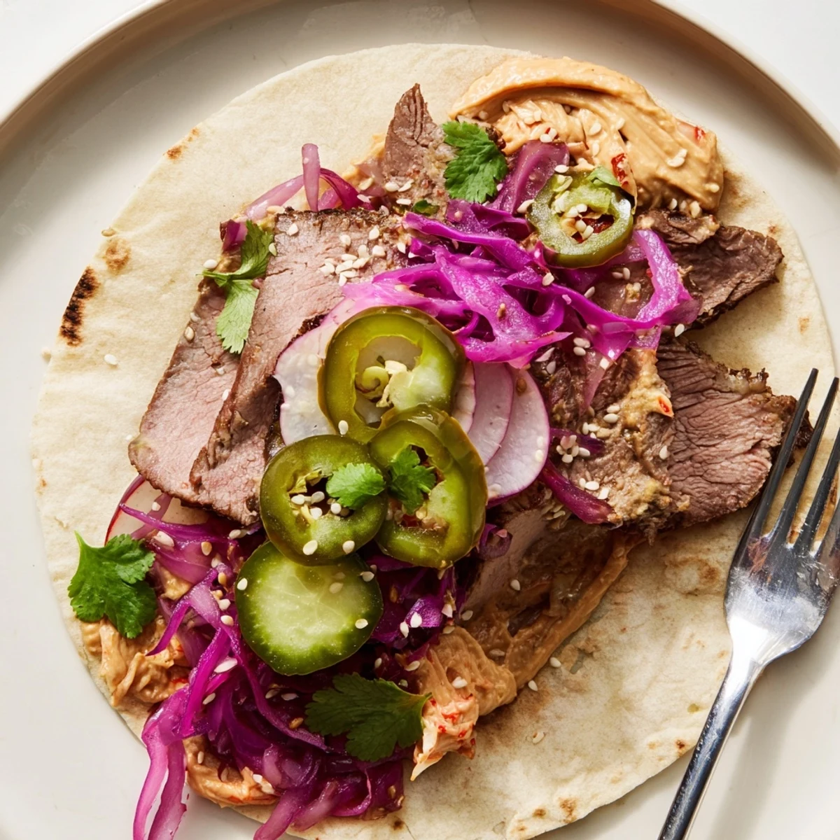 Vibrant Global Street-Food Fusion Tacos topped with ube crema and fresh vegetables.  