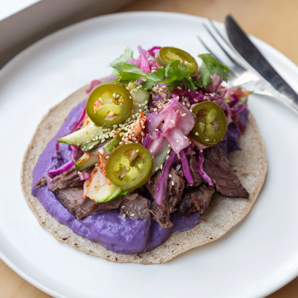 Delicious Korean bulgogi bowls with zesty toppings and creamy ube sauce.  