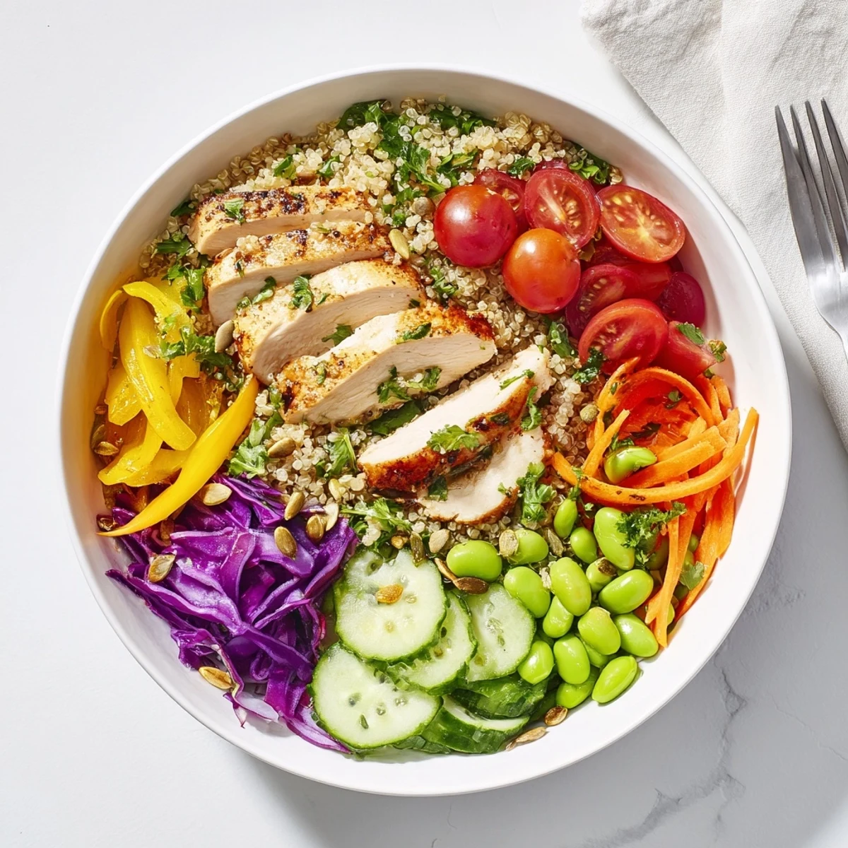 Healthy Meal-Prep Bowls with sliced chicken and zesty dressing for easy meal prep.  