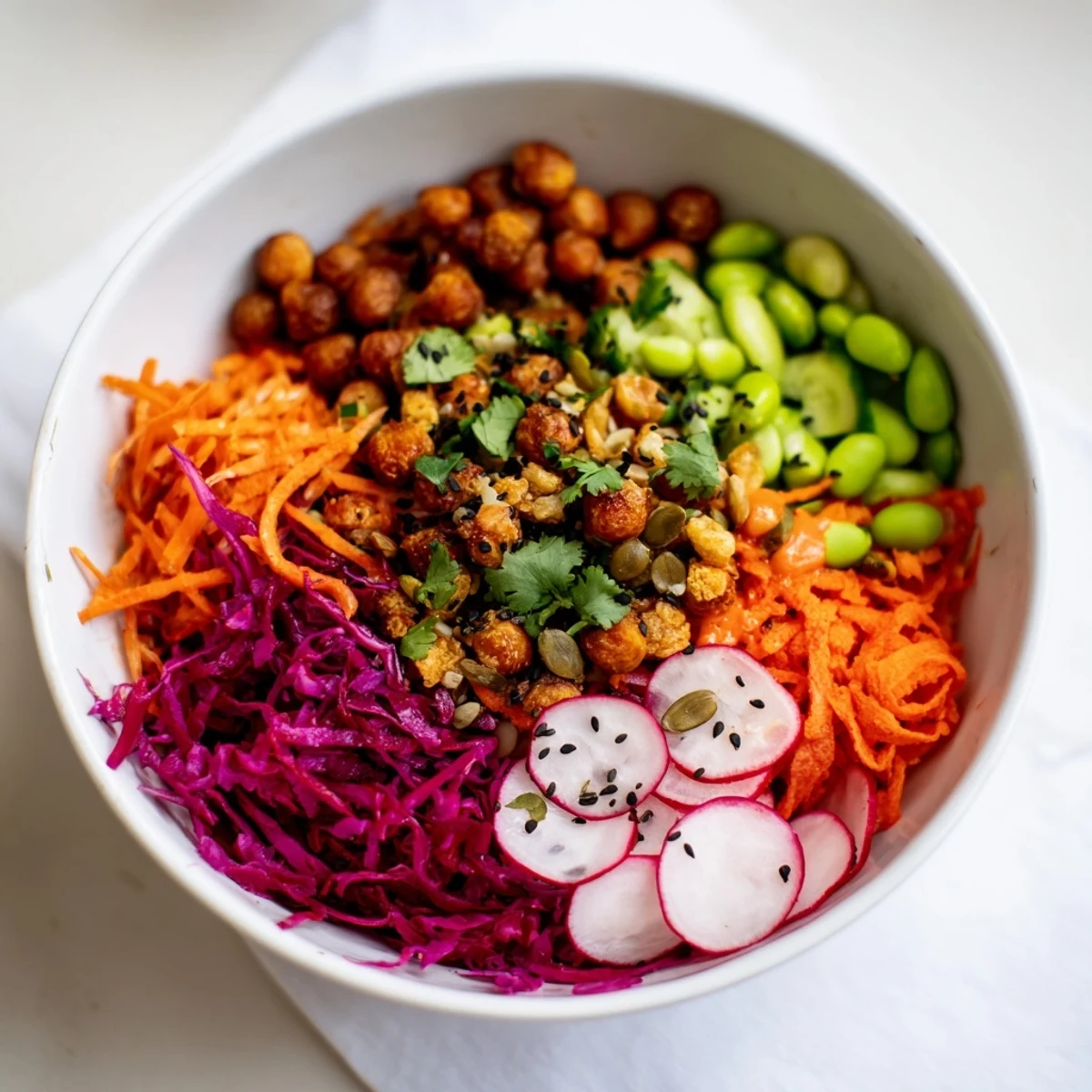 Enjoy a delicious ASMR Crunch Snack Bowl, topped with roasted chickpeas and radishes.
