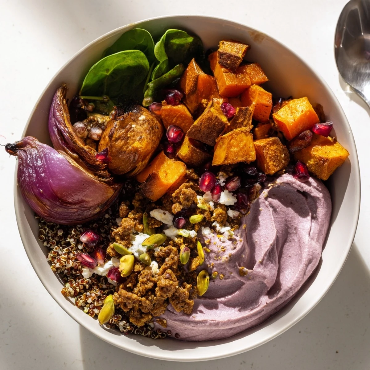 Cozy spiced winter bowls filled with roasted vegetables and creamy ube-coconut purée.  