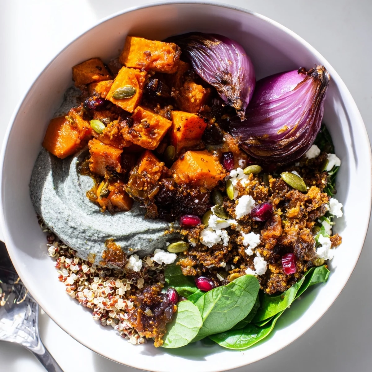 Vibrant spiced winter bowls showcasing sweet potatoes, nuts, and seasonal toppings.  