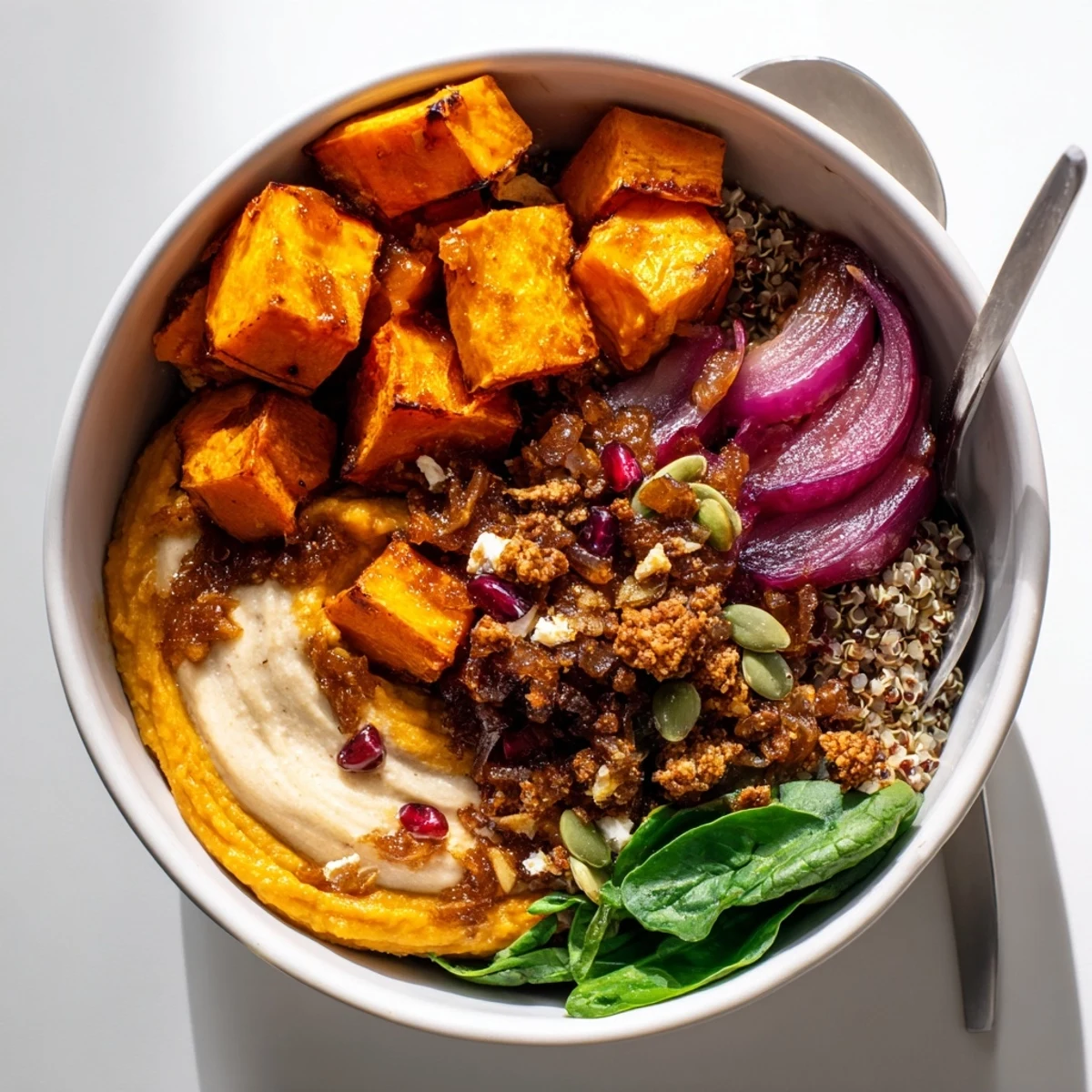 Heartwarming spiced winter bowls adorned with colorful veggies and fragrant pistachio crumble.