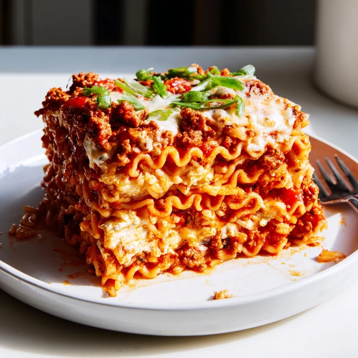 Comforting spicy ramen lasagna with rich ground pork and creamy cheese layers.  