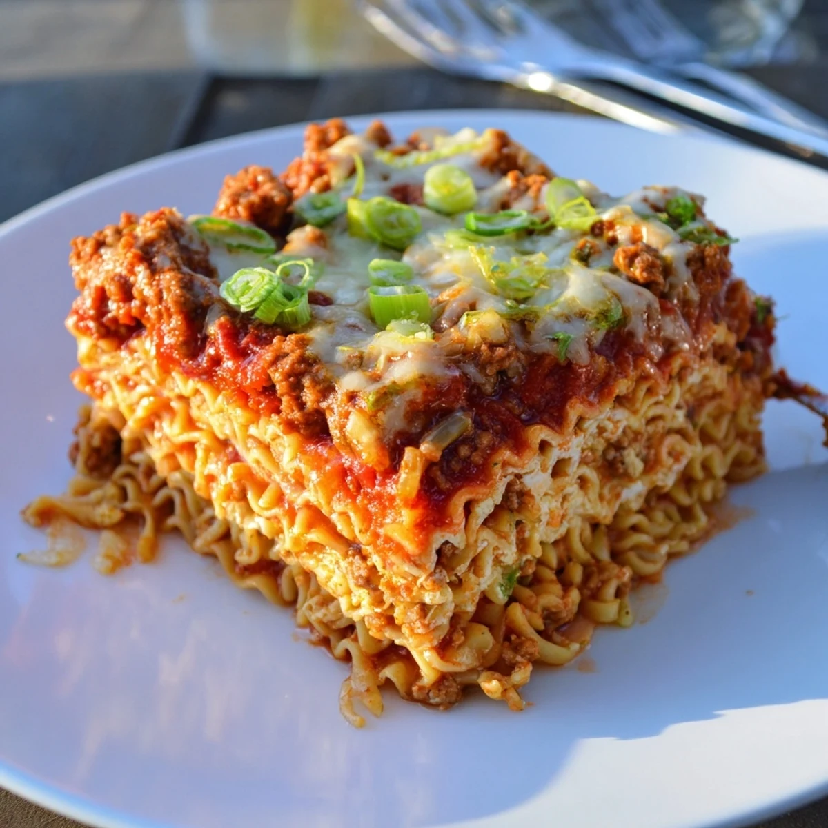 Layers of spicy ramen lasagna topped with melted cheese and vibrant garnishes.  