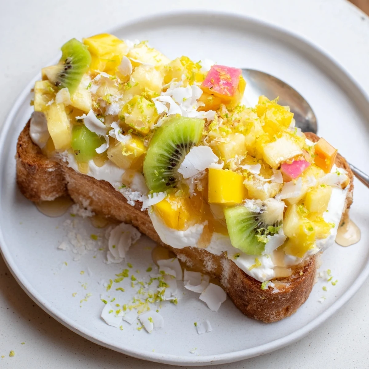 Creamy Yogurt-Custard Toast topped with tropical fruits for a refreshing breakfast.  
