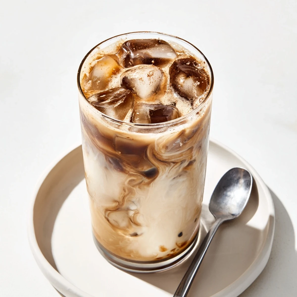 Delicious Tahini Iced Coffee served in tall glasses over ice, creamy and nutty.  