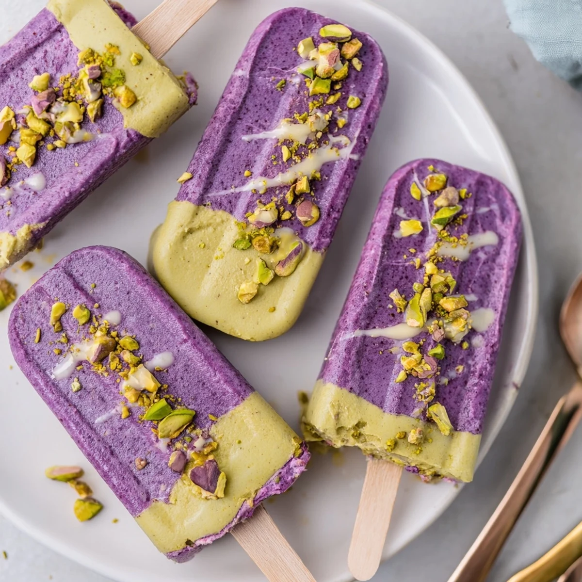Creamy ube and pistachio ice cream bars with vibrant colors, perfect summer treat.  