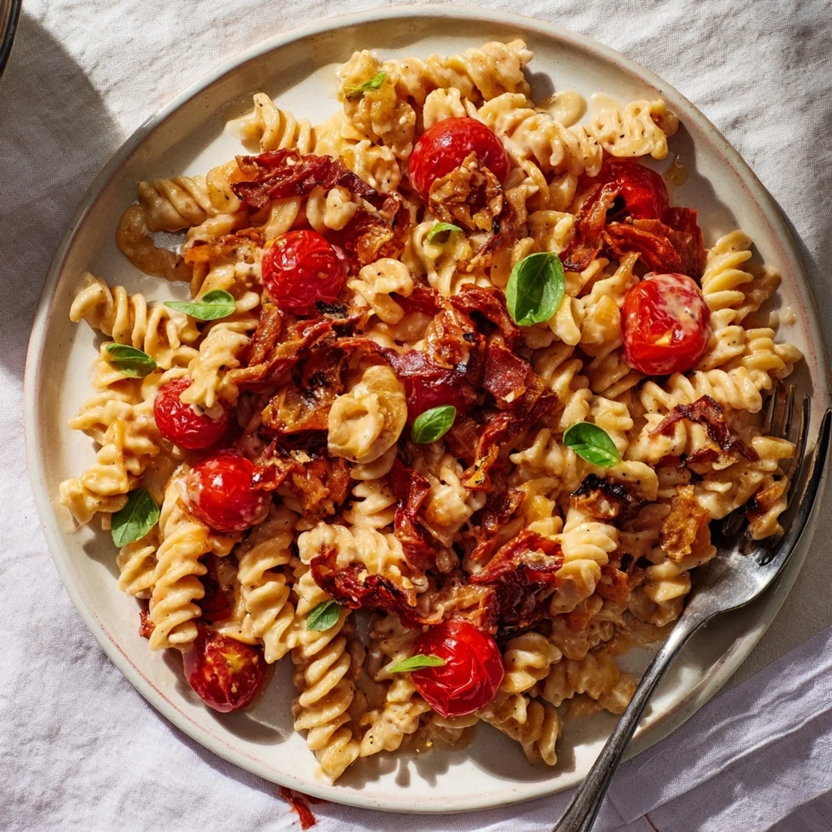 Creamy Baked Feta Pasta 2.0 topped with caramelized onions and sun-dried tomatoes.  
